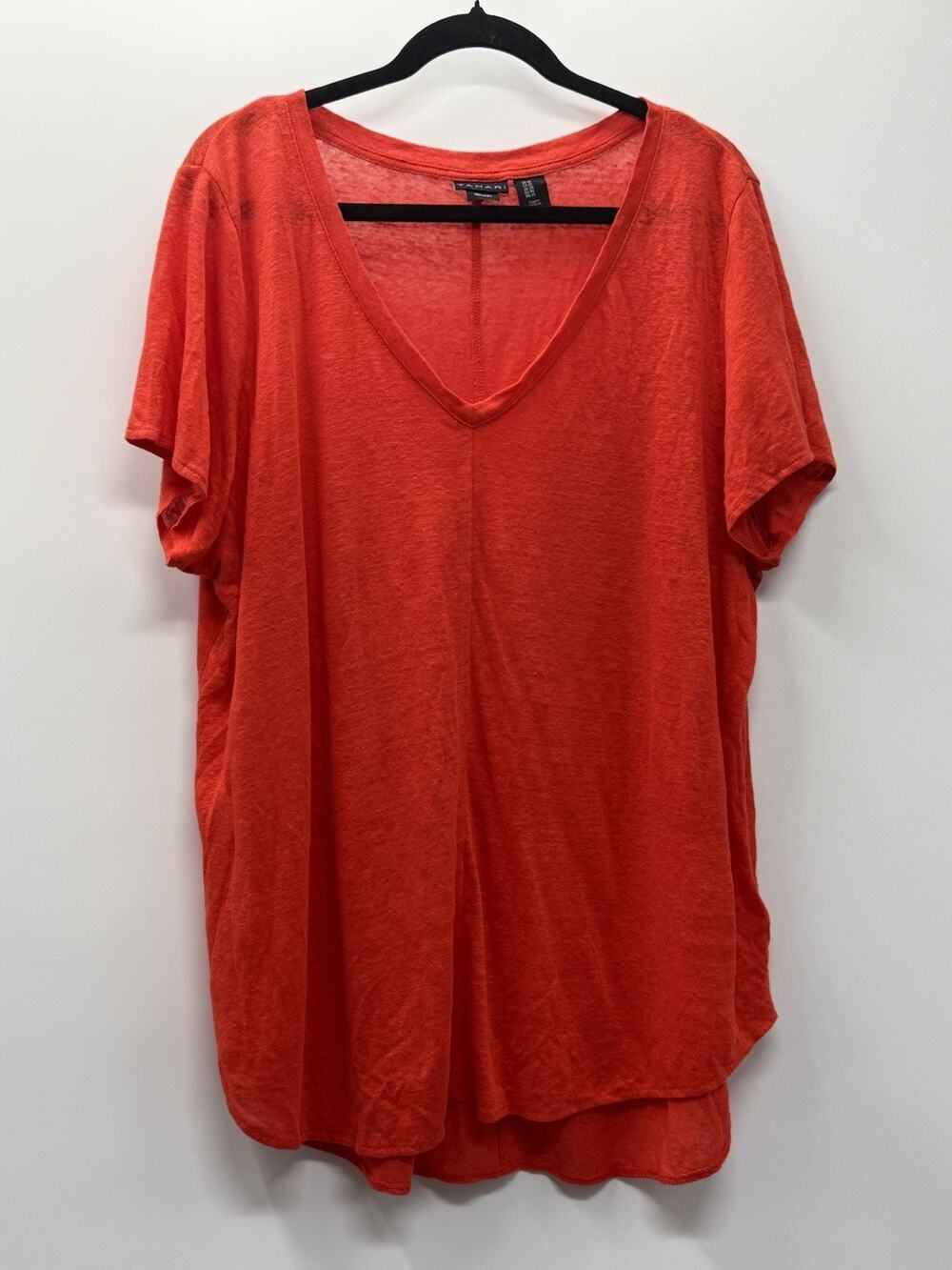 Tahari 1X 100% Linen Top Coral Red V Neck Oversized Relaxed Boho Coastal